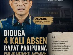 Diduga Empat Kali Absen Paripurna, Kehadiran Legislator NasDem Kampar Anasril Disorot Publik